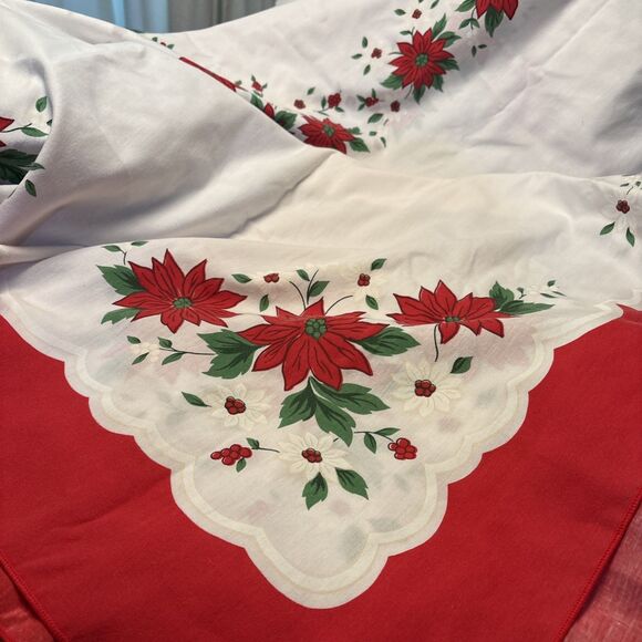 EUC Christmas Poinsette Cloth Tablecloth Size 100” By 60” - Picture 3 of 5